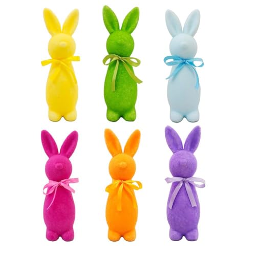 Osterdekoration, beflockte Osterhasen-Figur mit Fliege, 25 cm, beflocktes Kaninchen, Tischornament für Ostern, Tafelaufsätze für Frühling, Tischdekoration, Innendekoration (6 Stück) von Generisch
