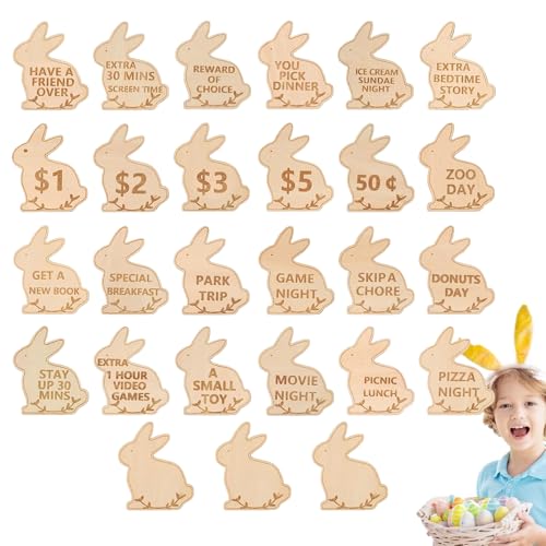 Ostern Belohnung Token - Urlaubsschatzkastenfüller | Holz Easter Eggfüller 27pcs, Holz Ostern Belohnung Token, Osterpreise Stuffers -Token, Familiennacht -Token, Einzigartige Familien -Osterei -Jagd von Generisch