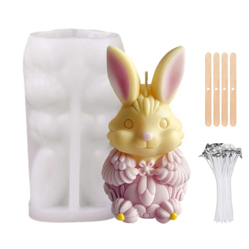 3D Osterhase Silikonform Kerzenhalter, Silikonform Ostern Silikonformen Gießformen Osterhasen Silikonform, Kaninchen Gießformen Silikon, Silikonform Candle Mold Kerzen Formen und Kerzendocht Set von Generisch