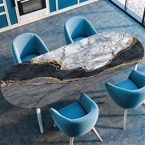 Ovale Tischdecke aus schwarzem Marmor, elastischer Rand, Tischdecke für Außenbereich, Garten, Küche und Esszimmer, abwischbarer Schutz, 132 x 229 cm, Kristall-Finish Ovale Tischdecke aus schwarzem Marmor, elastischer Rand, Tischdecke für Außenbereich, Garten, Küche und Esszimmer, abwischbarer Schutz, 132 x 229 cm, Kristall-Finish von Generisch