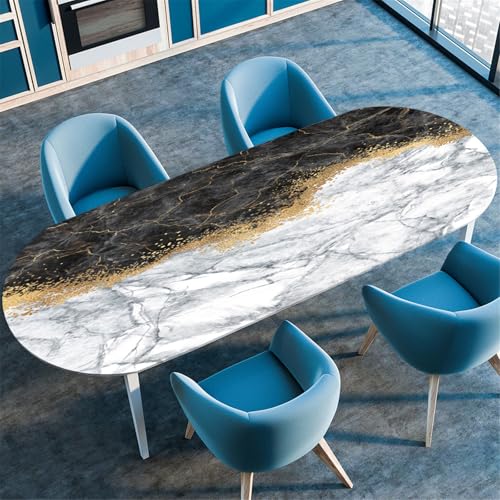 Ovale Tischdecke mit elastischen Kanten, abwischbar, schwarzer Marmor-Tischschutz für den Innen- und Außenbereich, perfekt für Garten, Küche, Esszimmer (132 x 229 cm, Grau) von Generisch
