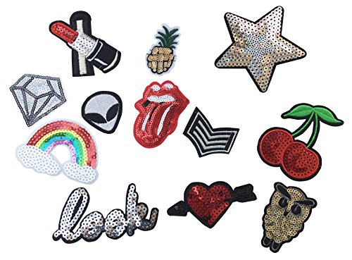 Pailletten Patch Aufbügler 12 Stück Aufnäher Kleidung Patch Alien Lippenstift Stern Kirschen Diamant Look PA-506 Pailletten Patch Aufbügler 12 Stück Aufnäher Kleidung Patch Alien Lippenstift Stern Kirschen Diamant Look PA-506 von Generisch