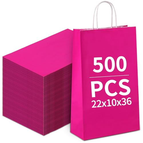Papiertüten Bunt, Papiertüten mit henkel, Candy Tüten zum Verpacken von Kindergeburtstag, Party, Geschenken, Hochzeiten, Feiern (Pink-22x10x36cm-500pcs) von Generisch