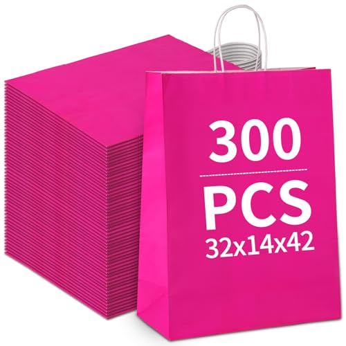 Papiertüten Bunt, Papiertüten mit henkel, Candy Tüten zum Verpacken von Kindergeburtstag, Party, Geschenken, Hochzeiten, Feiern (Pink-32x14x42cm-300pcs) von Generisch