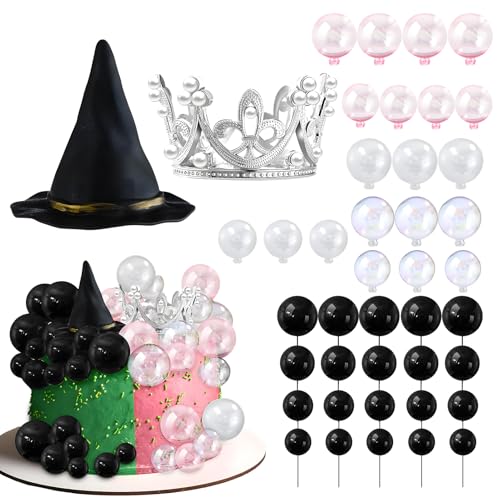 Party-Dekoration mit bösen Hexen, silberfarbene Kunststoffkrone und schwarze Hexenhut-Kugeln, schwarze Luftballons, Kuchendekoration und verträumte Kuchendekorationskugeln für böse Partygeschenke, 42 von Generisch