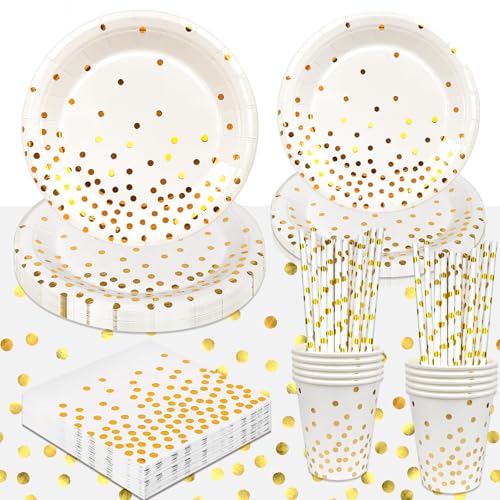 Party Geschirr Kindergeburtstag Set für 16 Personen – Weiß mit Goldenen Punkten Elegantes Geschirr für Geburtstag, Hochzeit, Baby Shower, Jubiläum, Feier Tischdekoration von Generisch