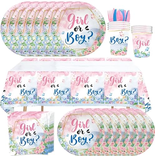 Party-Set für Gender Party Reveal 'Girl or Boy?', Teller, Becher, Servietten, Tischdecke, Besteck, Blumendekoration, Rosa und Blau, 86-teilig (2) von Generisch