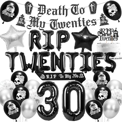 Partydekorationsset zum 30. Geburtstag, Rip to My 20s Gothic Motto-Partyzubehör, mit Banner, Girlande, Schärpe, Tortenaufsatz, Zahlen, Buchstaben, Herz, Stern, Schwarz und Silber Luftballons Partydekorationsset zum 30. Geburtstag, Rip to My 20s Gothic Motto-Partyzubehör, mit Banner, Girlande, Schärpe, Tortenaufsatz, Zahlen, Buchstaben, Herz, Stern, Schwarz und Silber Luftballons von Generisch