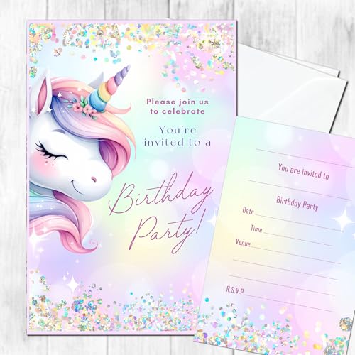 Partyeinladungen für Mädchen, Prinzessin, Einhorn, Regenbogen, zum Beschriften (Einhorn, 20 Stück, mit Umschlägen) von Generisch