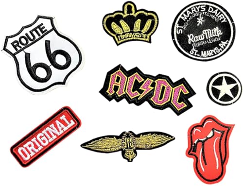 Patch Aufbügler 8 Stück Aufnäher Kleidung Patch AC/DC, Route 66, Zunge, Original, Stern, und Mehr von Generisch