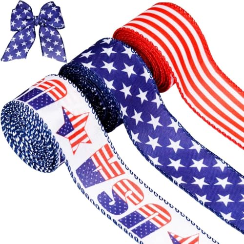 Patriotisches Drahtband, 3 Rollen, 3,8 cm, rot-weiße und blaue Sterne und Streifen, Geschenkverpackungen und Basteln (je 9,9 m, 3 Farben) von Generisch