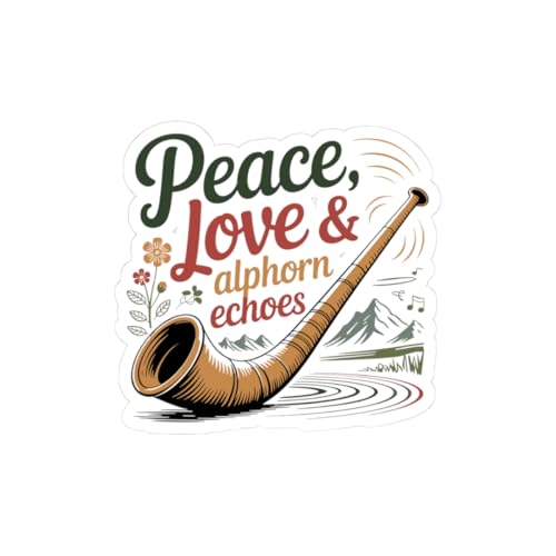 Peace Love Alphorn Aufkleber, traditionelles Berghorn, Vinyl-Aufkleber für Musiker, Volksmusikliebhaber, Naturfans (14 x 14 cm) von Generisch