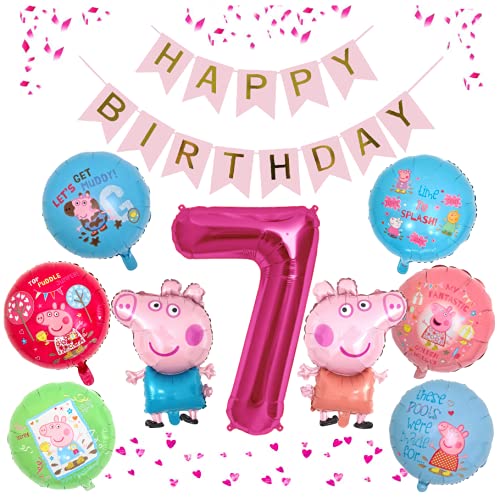 Peppa Wutz / Pig Girls XXL Geburtstags Set Folienballon Happy Birthday Banner Zahl 7 Kindergeburtstag Pepa Pig 7 Jahre Schwein Folien 7 er set Ballon Kinder Party Deko Dekoration Rosa Pink (Zahl 7) von Generisch