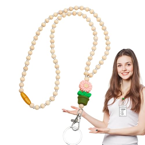 Perlen-Lanyards für Ausweise, Blumenholz und Perlen, niedliches modisches Boho-Blumen- und Holzperlen-Schlüsselband für Damen, Studentenausweise Perlen-Lanyards für Ausweise, Blumenholz und Perlen, niedliches modisches Boho-Blumen- und Holzperlen-Schlüsselband für Damen, Studentenausweise von Generisch