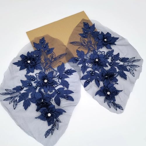 Perlen-Pailletten-Blumenstickerei, Nähen, Handwerk, DIY, Kleid, Verzierung, luxuriöser 3D-Blumenaufnäher, Spitzenausschnitt, Applikation, 3D-Aufnäher (dunkelblau) von Generisch