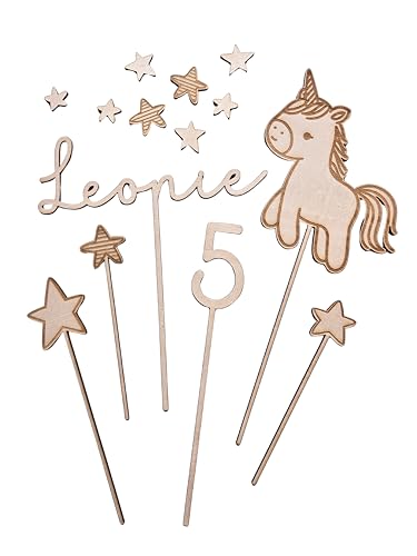 Personalisierbare Einhorn Tortendekoration aus Holz, Cake Topper mit Namen und Zahl, Geburtstagsdeko mit Sternen von Generisch