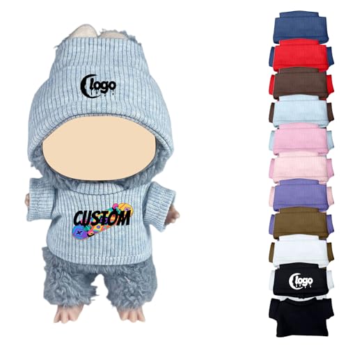 Personalisierte Kleidung für Labubu, Puppen Outfit mit Logo/Text Mini Kleidung für 15-17cm Monster Plüschpuppen, Handgefertigte Häkel Puppenkleidung, Hüte & Kleidung Set (Hellblau) von Generisch