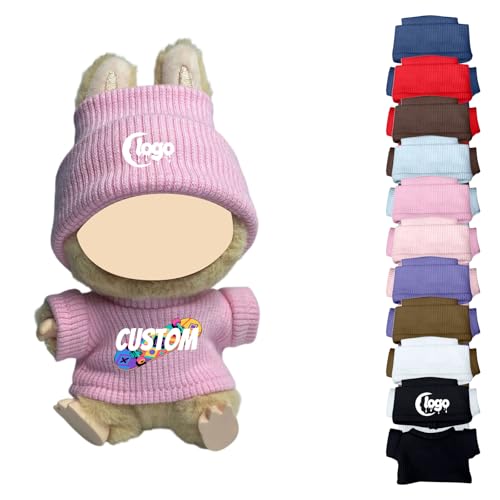 Personalisierte Kleidung für Labubu, Puppen Outfit mit Logo/Text Mini Kleidung für 15-17cm Monster Plüschpuppen, Handgefertigte Häkel Puppenkleidung, Hüte & Kleidung Set (Rosa) von Generisch