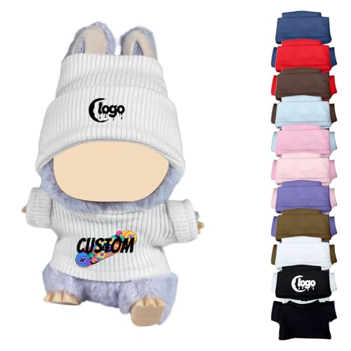 Personalisierte Kleidung für Labubu, Puppen Outfit mit Logo/Text Mini Kleidung für 15-17cm Monster Plüschpuppen, Handgefertigte Häkel Puppenkleidung, Hüte & Kleidung Set (Weiß) von Generisch