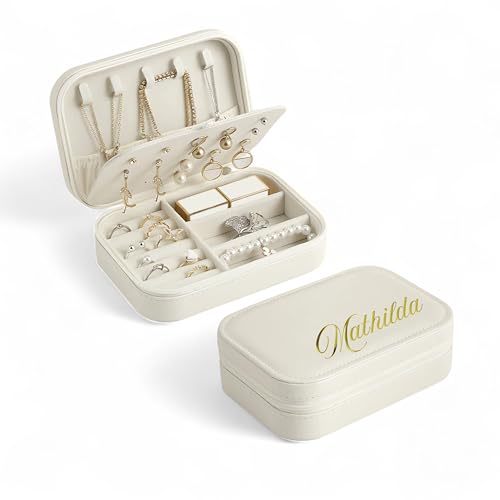 Personalisierte Schmuckkästchen mit Namen, PU-Leder, Reißverschluss, Personalisierbare Schmuckschatulle Frauen, Mädchen, Schmuckkasten Reise personalisiert, 16 x 12 x 6 cm (Weiß) von Generisch