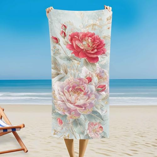 Pfingstrose Strandtuch - 140 x 70 cm, Rot Rosé Blattgold Magnetisches Badetuch für Strand Außenbereich, Camping, Sandfrei & Schnelltrocknend Strandhandtuch Handtuch mit Magnetverschluss von Generisch