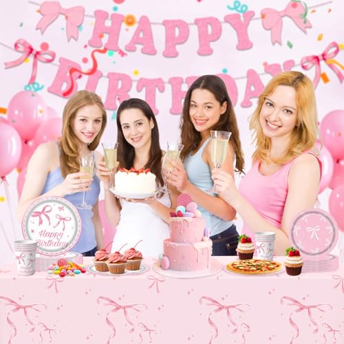 Pinke Schleifen Geburtstagsdeko Set (6-teilig) – Partygeschirr Set mit Tischdeko, Servietten & Girlande für Mädchengeburtstag, Sommerparty oder Schmetterlingsthema – Premium Qualität für 10 Gäste ﻿ von Generisch