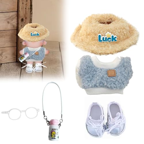 Plüsch Puppe Kleidung für Labubu (NO Puppe), 17cm Kleidung Set Freie Kombination (Regenbogen T-Shirt Set von 6) (#38-A, One Size) von Generisch