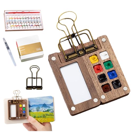 Pocket Artist Reise-Aquarellset - 8/15 Gitter Abnehmbare, Skizzenbuch Holzpalette Box und Künstlerpinsel (8 Gitter und 12 Farben) von Generisch