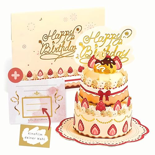 Popup Torte mit Rubbelgutschein inkl. Umschlag - hochwertiges Geschenk – personalisierbare Postkarte zum selbstgestalten, Kuchen, kreativ, Klappkarte, 3D Grußkarte, individuell, Goldlack (Rot) von Generisch