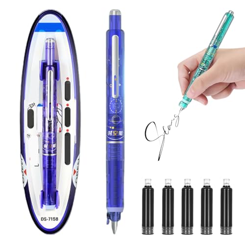 Protectivemethod Fountain Pen Retractable, 2025 Neu Einziehbarer Füllfederhalter, 0.38mm Füllfederhalter Set mit 5 Refillable Ink Cartridges tintenroller (Dunkelblau, Nicht löschbar schwarz) von Generisch