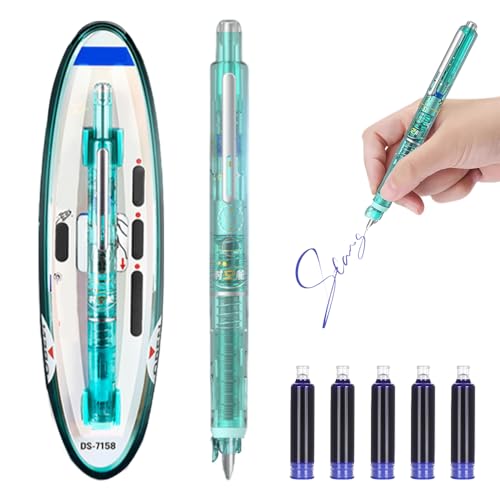 Protectivemethod Fountain Pen Retractable, 2025 Neu Einziehbarer Füllfederhalter, 0.38mm Füllfederhalter Set mit 5 Refillable Ink Cartridges tintenroller (Grün, Löschbar blau) von Generisch