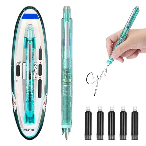 Protectivemethod Fountain Pen Retractable, 2025 Neu Einziehbarer Füllfederhalter, 0.38mm Füllfederhalter Set mit 5 Refillable Ink Cartridges tintenroller (Grün, Nicht löschbar schwarz) von Generisch