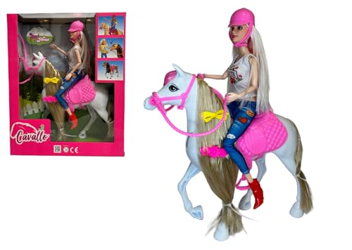 Puppe mit Pferd Set Reitpuppe Reiter Playset Puppe und Pferd Puppe Gelenkblond mit Helm und ihrem weißen Pferd mit Sattel und Zaumzeug abnehmbar, verschiedene Kleidung von Generisch