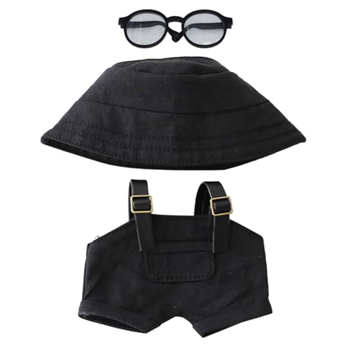 Puppenkleidung und Zubehör, kompatibel mit 15 bis 17 cm, Premium-Puppen-Overalls-Outfit mit Hut und Zubehör, 3-teiliger Overall, Hut und Brille, Mädchen-Geburtstagsgeschenk (Schwarz, Einheitsgröße) von Generisch