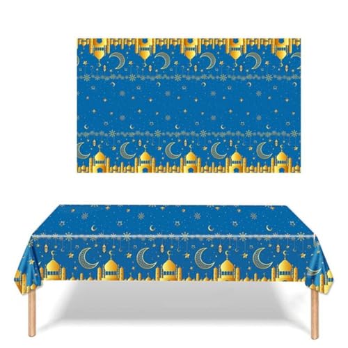 Ramadan-Tischdecke, 130 x 213 cm, rechteckige Ramadan-Kunststoff-Tischdecke, Dekorationen für Zuhause, Eid Mubarak Ramadan, Tischdecken, muslimische Ramadan-Tischdecken (blau) von Generisch