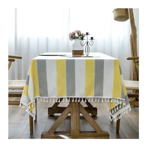 Rechteckige Tischdecke, 109,2 x 109,2 cm, waschbar, Polyester, stilvolle dreifarbige Streifen mit Quasten, perfekt für Küche, Esszimmer und Picknick, Beige, Grau, Gelb Rechteckige Tischdecke, 109,2 x 109,2 cm, waschbar, Polyester, stilvolle dreifarbige Streifen mit Quasten, perfekt für Küche, Esszimmer und Picknick, Beige, Grau, Gelb von Generisch