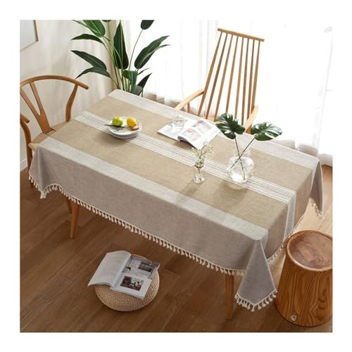 Rechteckige Tischdecke, 140 x 200 cm, waschbar, Polyester, stilvolles Streifenmuster mit Quasten, perfekt für Innen- und Außenbereich, Khaki von Generisch
