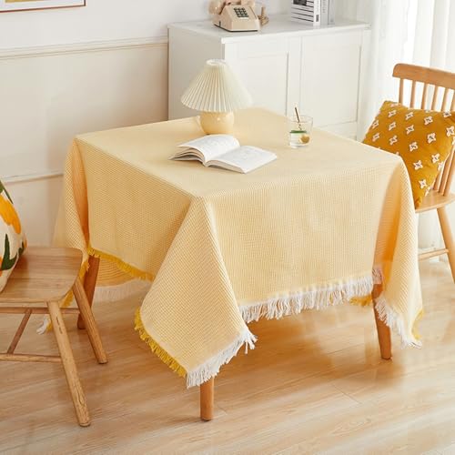 Rechteckige Tischdecke, 180 x 340 cm, Gelb und Weiß, 4 einfarbige Polyester-Baumwolle, elegante Tischdecke mit Quasten für Esszimmer und Veranstaltungen von Generisch