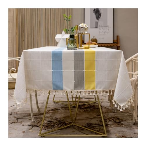 Rechteckige Tischdecke, 90 x 90 cm, waschbar, Baumwoll-Leinen, gestreiftes Design mit Quasten, ideal für Picknicks, Partys, Esszimmer, Blau und stilvoll Rechteckige Tischdecke, 90 x 90 cm, waschbar, Baumwoll-Leinen, gestreiftes Design mit Quasten, ideal für Picknicks, Partys, Esszimmer, Blau und stilvoll von Generisch