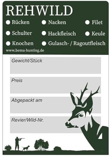 Bema Jagdaufkleber für Rehwild | 100 Stück | 100,00m x 70,00mm | Grüne, rechteckige, unbeschichtete Plastiketiketten | Tiefkühlbeständig | Beschriftbar mit Folienstift oder Kugelschreiber Bema Jagdaufkleber für Rehwild | 100 Stück | 100,00m x 70,00mm | Grüne, rechteckige, unbeschichtete Plastiketiketten | Tiefkühlbeständig | Beschriftbar mit Folienstift oder Kugelschreiber von Generisch
