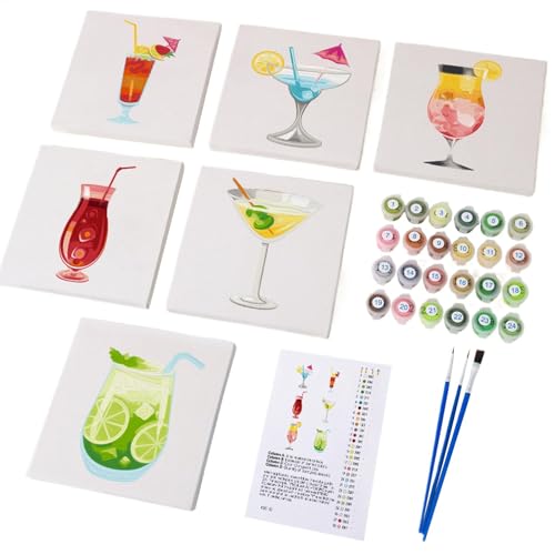 Retro Malen nach Zahlen Cocktail, 6-teiliges Malset für Anfänger auf farbiger Leinwand, Acrylöl-Aquarell-Malset, Wanddekoration für den Urlaub von Generisch