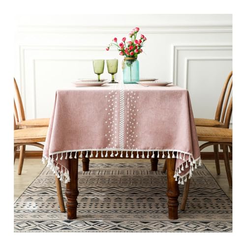 Rosa Weiß 90x90cm Rechteckige Tischdecke Abwaschbar Polyester mit gestickten Punkten & Streifen Stilvolle Quasten Ideal für Küche & Esszimmer Dekor von Generisch