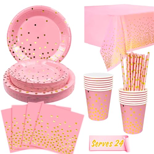 Rosa und Goldenes Partygeschirr, Rosa Geburtstag Geschirr Set - Teller Pappbecher Servietten etc Rosagoldfolie Partygeschirr für Baby Shower Geburtstag Hochzeit, 24 Gäste von Generisch