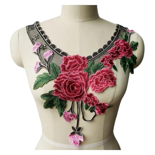 Rote Rose bestickte Applikation - Floral Quaste Kragen Patch für Hochzeitskleid Dekoration (aufnähen) (C) von Generisch