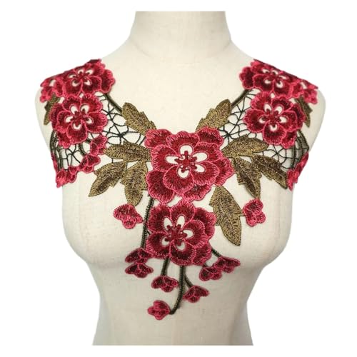 Rote Rose bestickte Applikation - Floral Quaste Kragen Patch für Hochzeitskleid Dekoration (aufnähen) (L) von Generisch