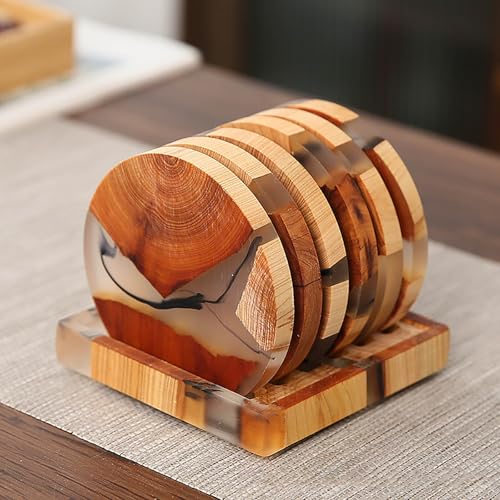 Runde/Platz Untersetzer für Gläser 6er Set inkl, Halter, Design Glasuntersetzer aus Holz/Epoxidharz, Glasuntersetzer, Untersetzer Holz, Edle Tischuntersetzer für Getränke, Tassen, Bar (Rund) von Generisch