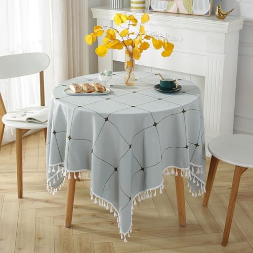 Runde Tischdecke, 180 cm, Polyester, Anti-Flecken, Tischdecke für 4-6 Personen, bestickte Linien mit Pompons, elegante Essdekoration, perfekt für Partys und Veranstaltungen von Generisch