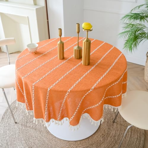 Runde Tischdecke aus Baumwollleinen, für Ess- und Couchtische, maschinenwaschbar, 200 cm Durchmesser, perfekt für Heimdekoration und Veranstaltungen, Orange Runde Tischdecke aus Baumwollleinen, für Ess- und Couchtische, maschinenwaschbar, 200 cm Durchmesser, perfekt für Heimdekoration und Veranstaltungen, Orange von Generisch