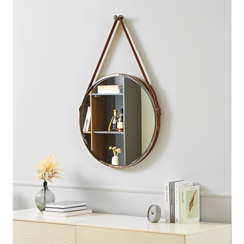 Runder Spiegel aus Massivholz mit Lederband zum Aufhängen, 50 cm, 70 cm, 80 cm, Braun Runder Spiegel aus Massivholz mit Lederband zum Aufhängen, 50 cm, 70 cm, 80 cm, Braun von Generisch