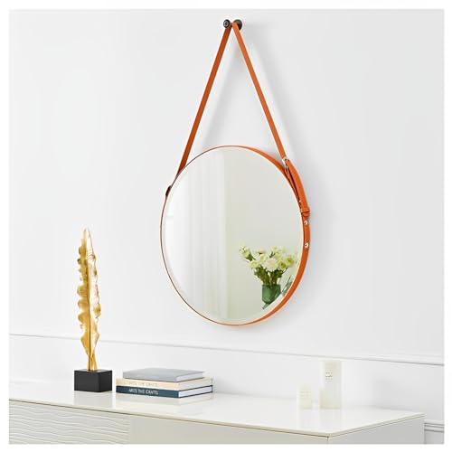 Runder Spiegel aus Massivholz mit Lederband zum Aufhängen, 50 cm, 70 cm, Orange 70 x 70 cm Runder Spiegel aus Massivholz mit Lederband zum Aufhängen, 50 cm, 70 cm, Orange 70 x 70 cm von Generisch
